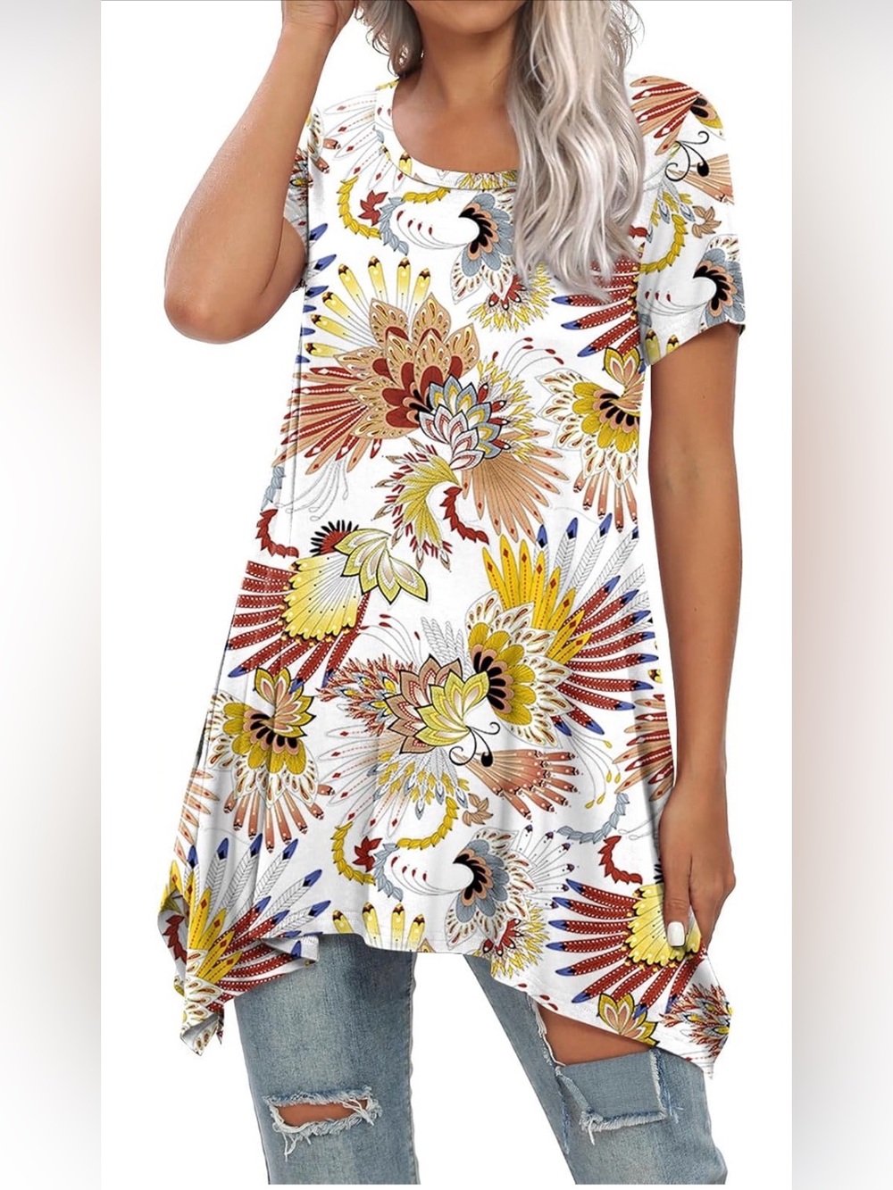 Floral Burst Short Sleeve Tunic Top - White Multi